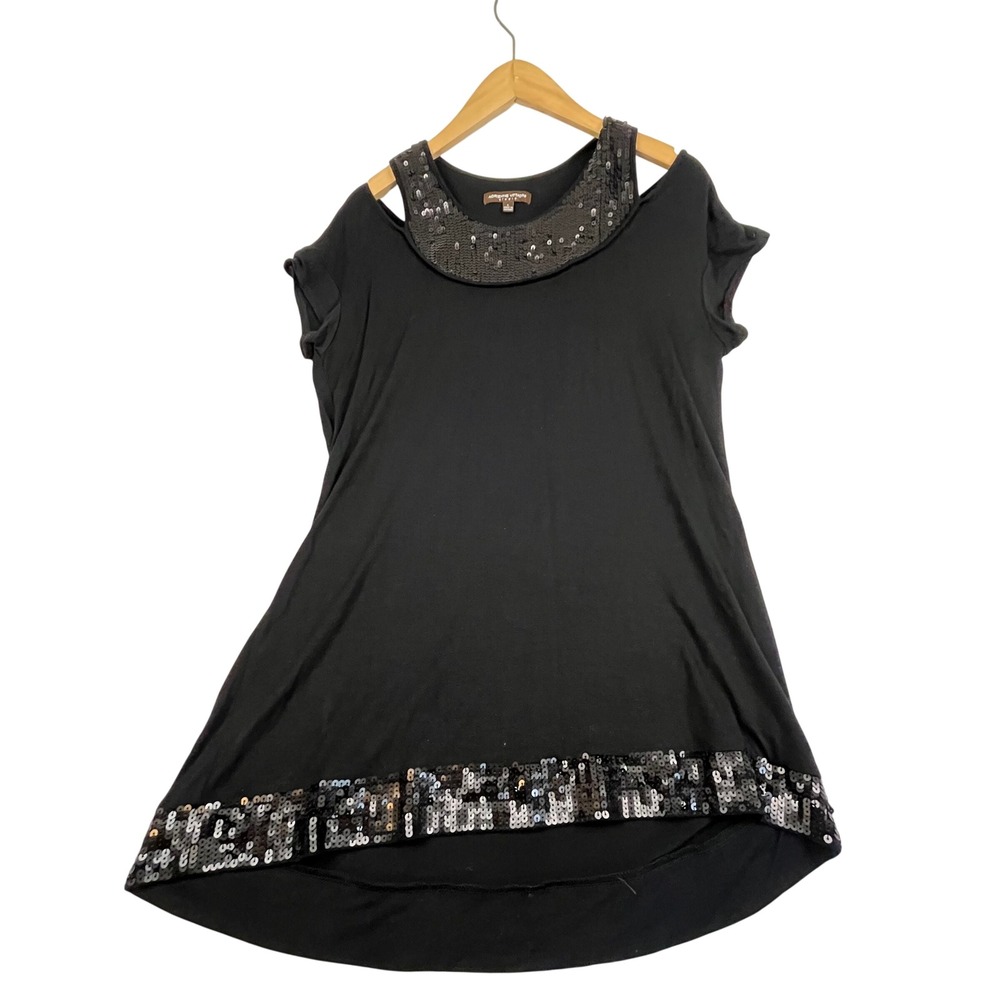 Adrienne Vittadini Studio Black Sequin Cold Shoulder Tunic Top Large 4968